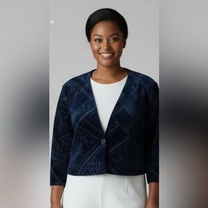 Nancy Bolen Petite Short  Jacket Navy Blue Velvet Look w Metallic